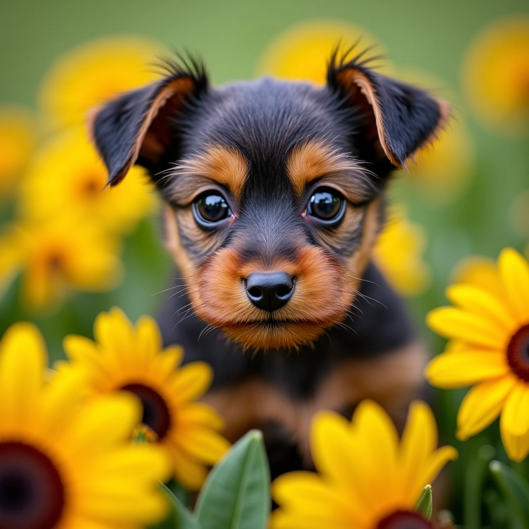 Filhote de Yorkshire cercado de flores, representando novos começos.