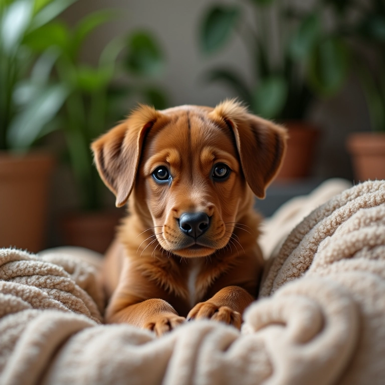 Filhote marrom aconchegado em sala decorada, representando estabilidade e conforto.