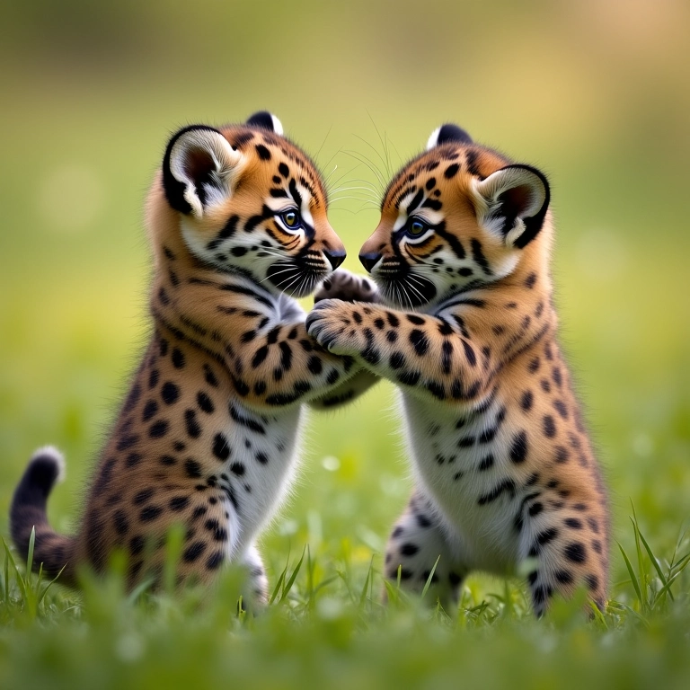 Filhotes de onça brincando em campo gramado.