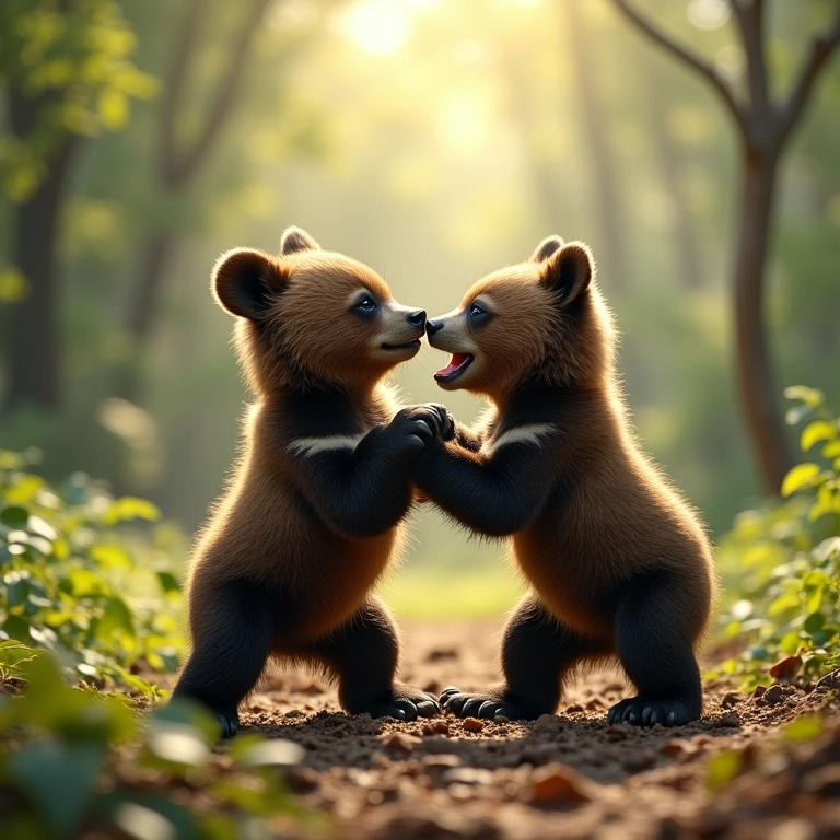 Filhotes de urso marrom brincando em uma clareira na floresta. Representação de inocência e alegria.