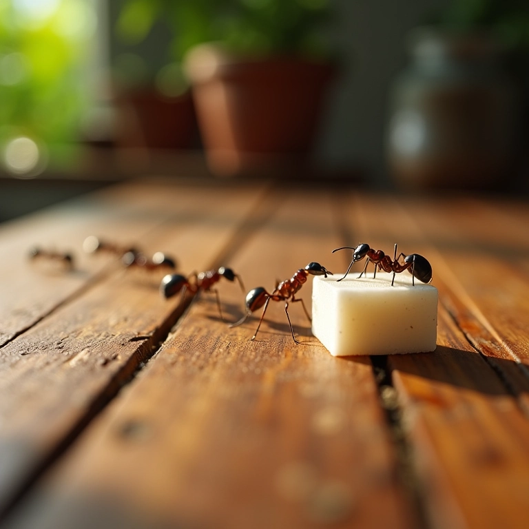 Formigas carregando açúcar em uma mesa de madeira, representando sonhos com formigas.