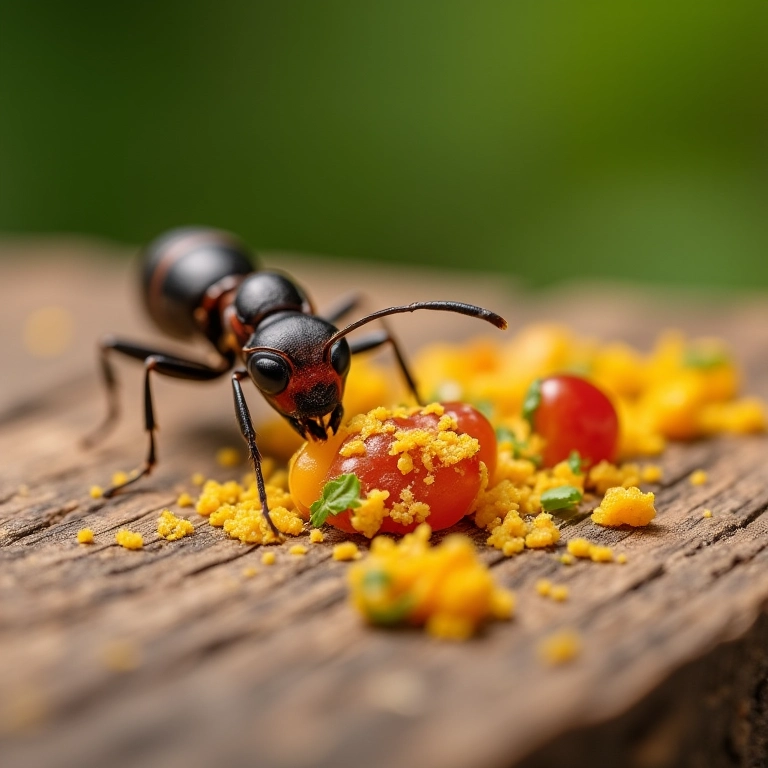 Formigas carregando pedaços de comida brasileira, simbolizando trabalho em equipe.