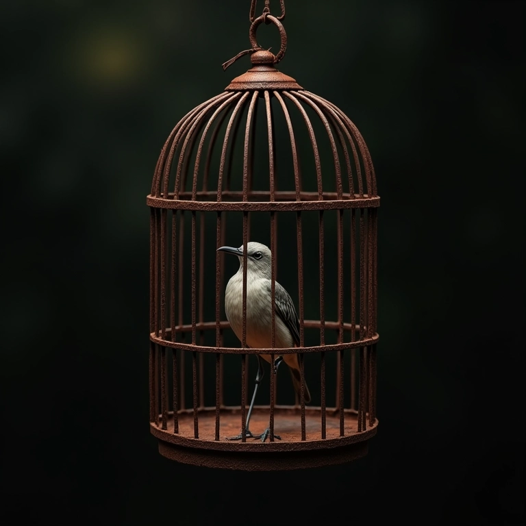 Gaiola enferrujada com um pássaro olhando para fora, simbolizando aprisionamento.