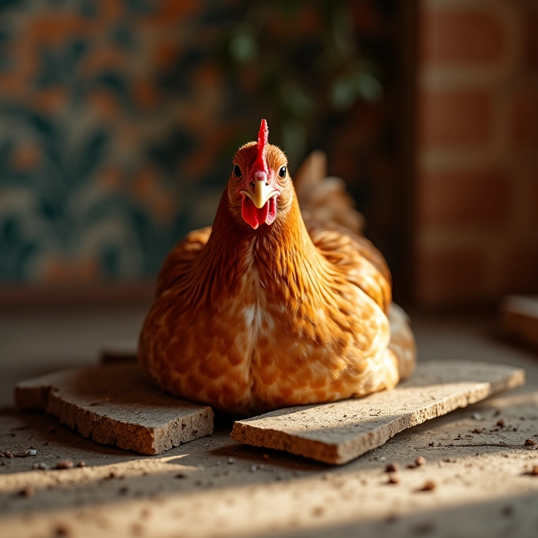 Galinha morta sobre tábuas de madeira rústicas, simbolizando o fim de um ciclo ou presságios negativos em sonhos.