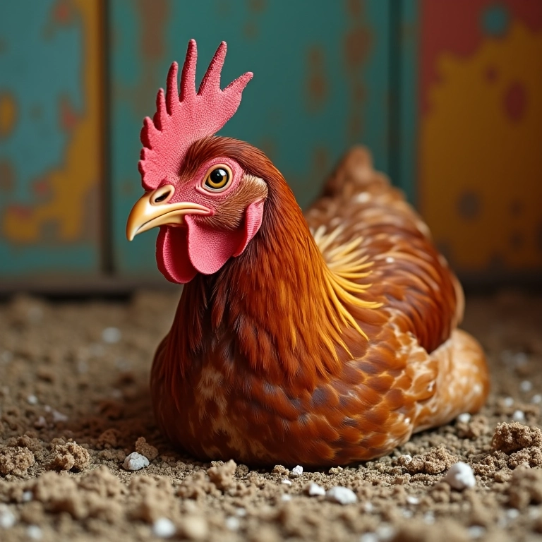 Galinha murcha caída em cenário rústico e colorido, representando o fim de um ciclo na vida.