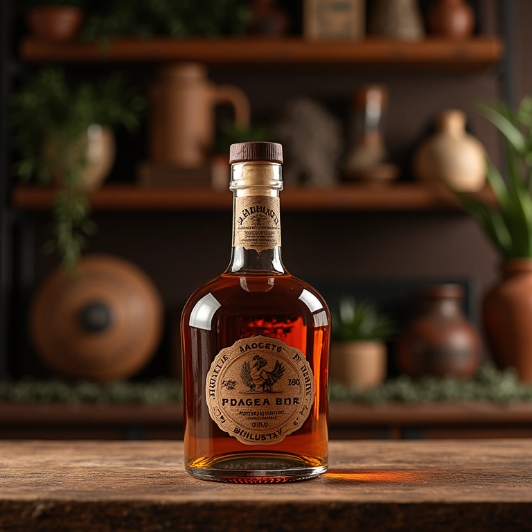 Garrafa de whisky em mesa de madeira rústica