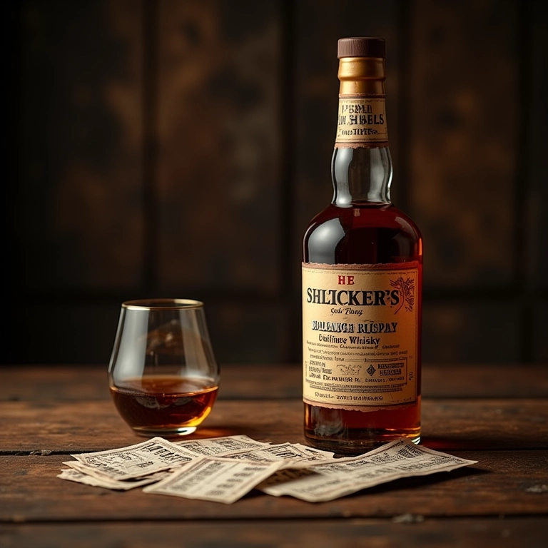 Garrafa de whisky envelhecido ao lado de bilhetes de loteria.