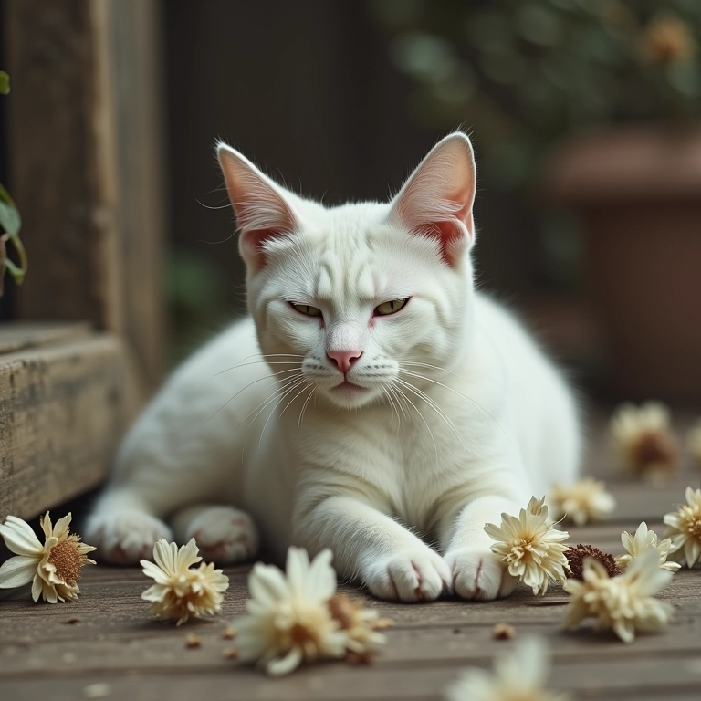 Gato branco morto cercado por flores murchas, representando a perda da inocência.