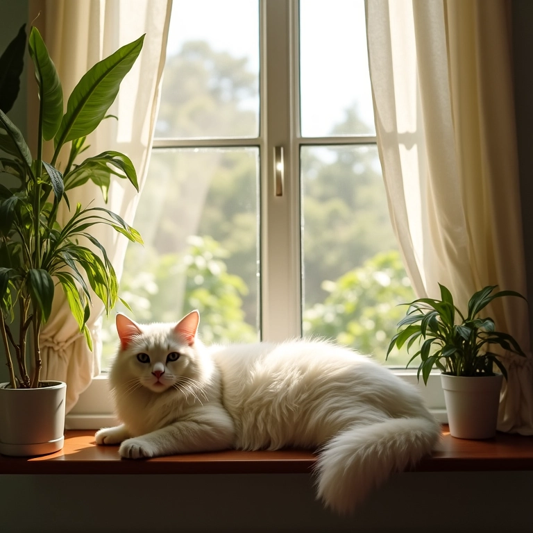 Gato branco relaxando na janela ensolarada, atmosfera de paz.