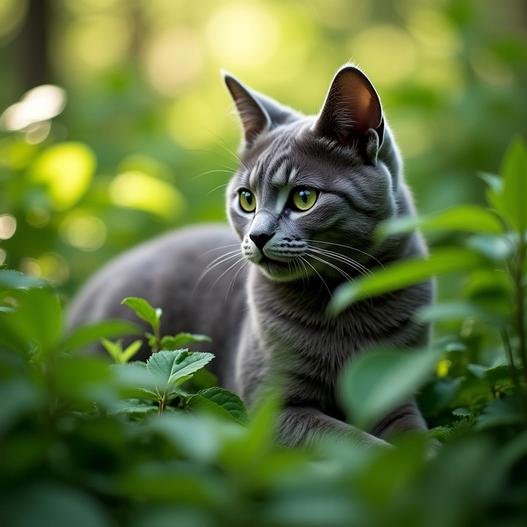Gato cinza entre plantas verdes, luz solar suave.