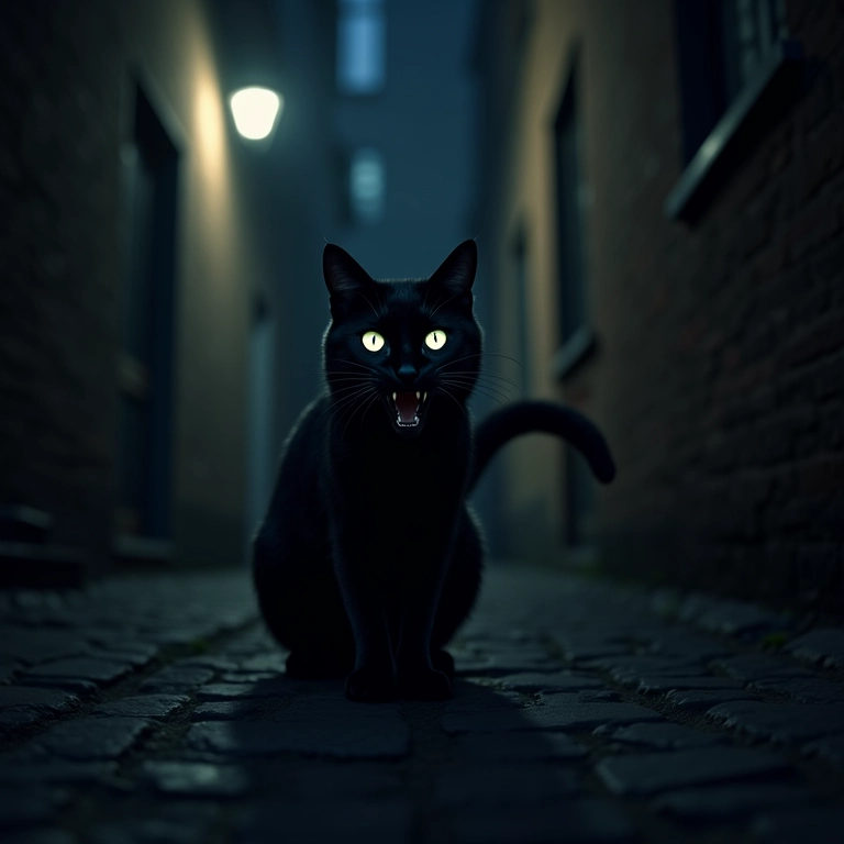 Gato preto ameaçador em um beco escuro à noite.