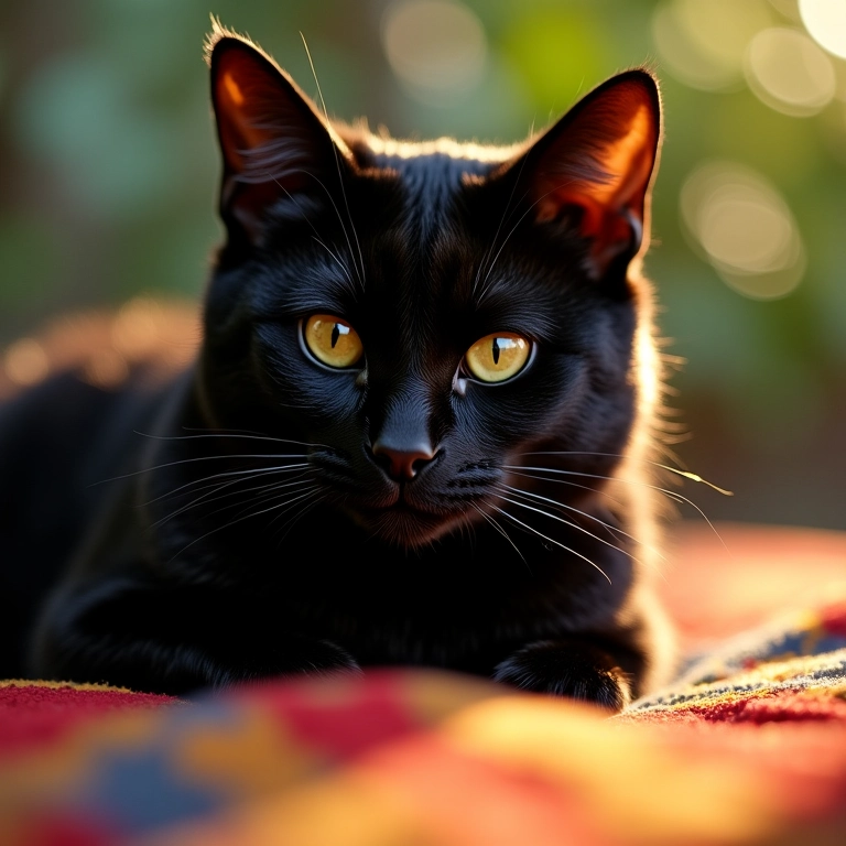 Gato preto morto sobre tecido colorido, simbolizando transformação e presságios.