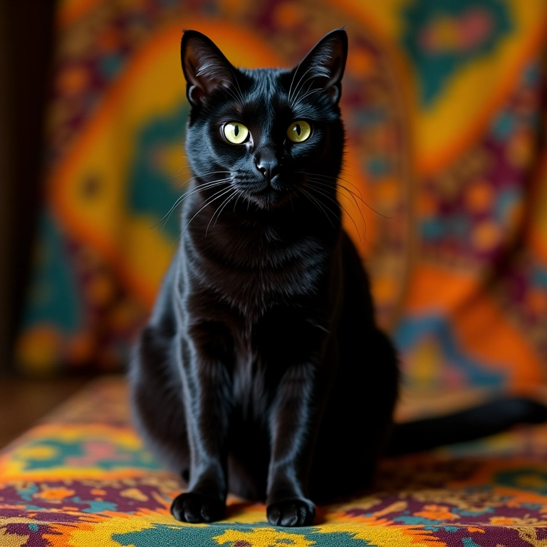 Gato preto sentado sobre tecido colorido, luz suave.