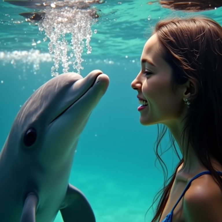 Golfinho falando com uma mulher embaixo d'água.