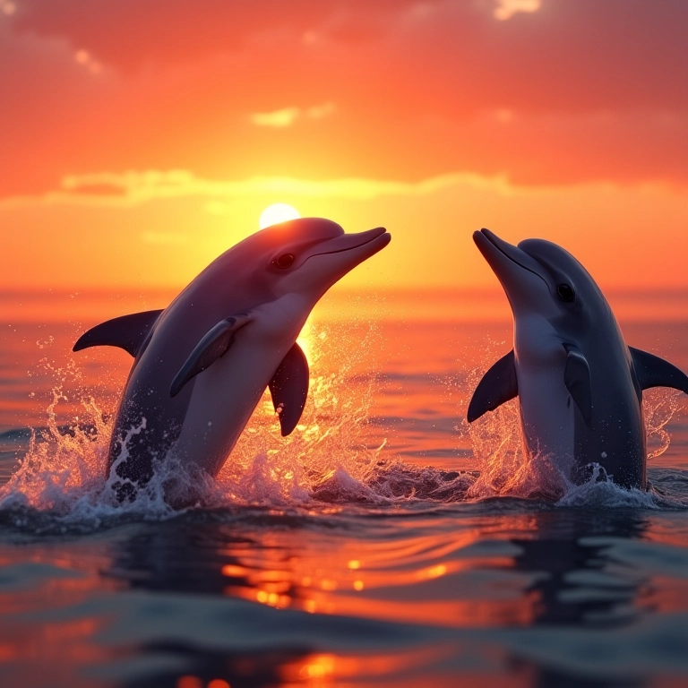 Golfinhos brincando e saltando em um mar vibrante.