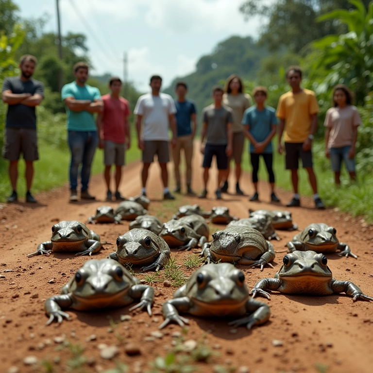 Grupo de pessoas olhando com nojo para vários sapos grandes mortos em estrada de terra.