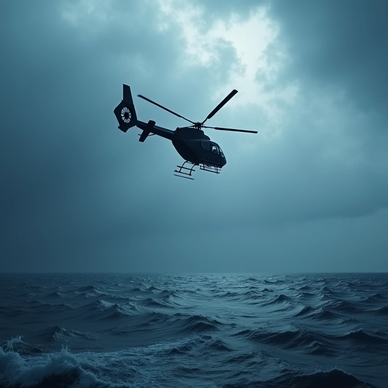 Helicóptero caindo em direção ao oceano em tempestade.
