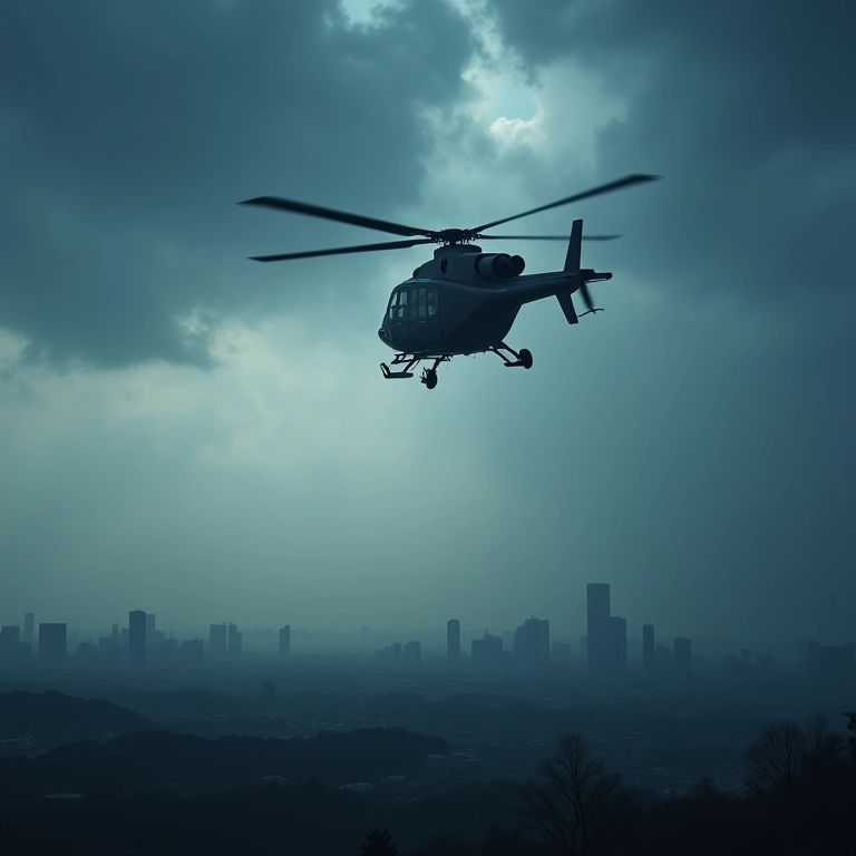 Helicóptero caindo no céu tempestuoso, representando sonhos de avisos e medos.