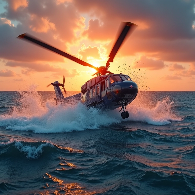 Helicóptero caindo no mar, simbolizando sentimentos avassaladores.