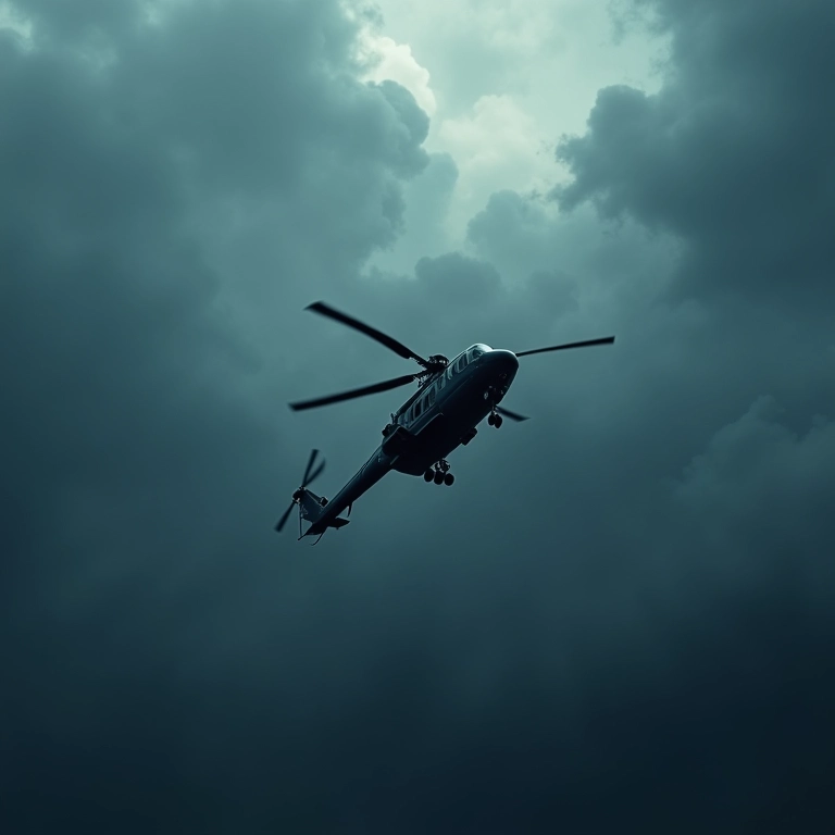 Helicóptero em queda livre sob céu tempestuoso.