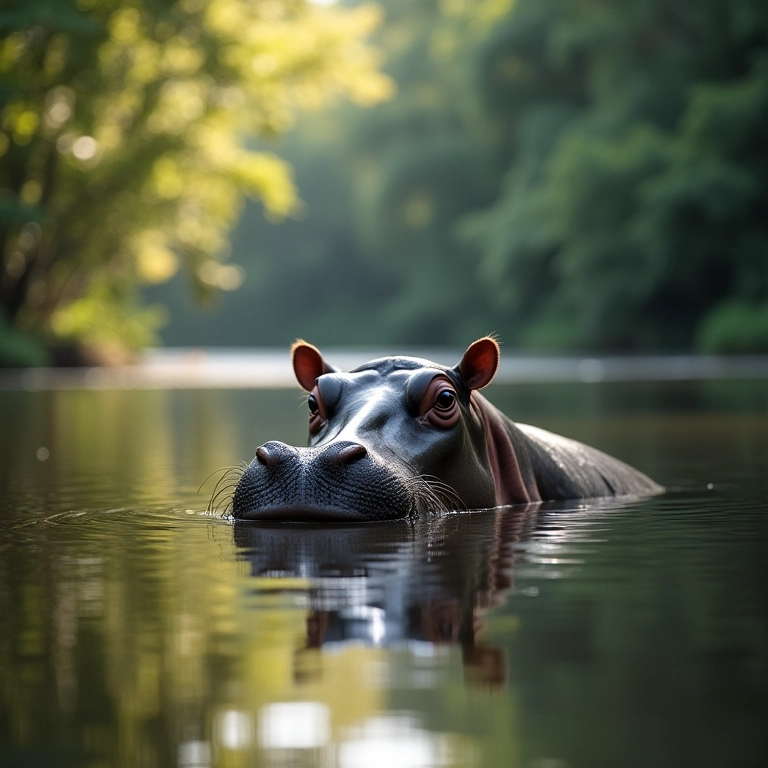 Hipopótamo calmo submerso em lago sereno refletindo a tranquilidade da natureza.