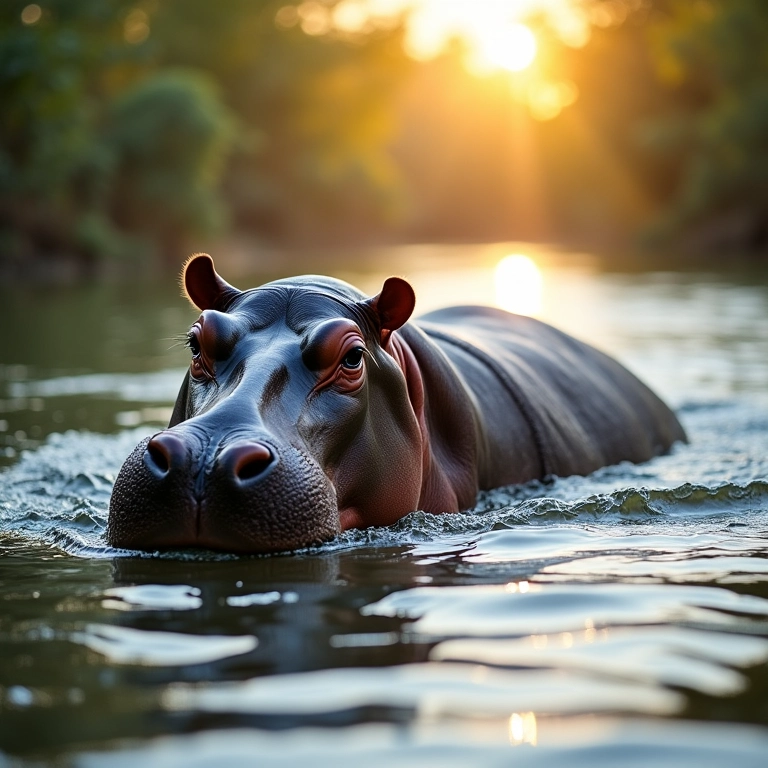 Hipopótamo nadando calmamente em um rio, demonstrando controle sobre as águas.