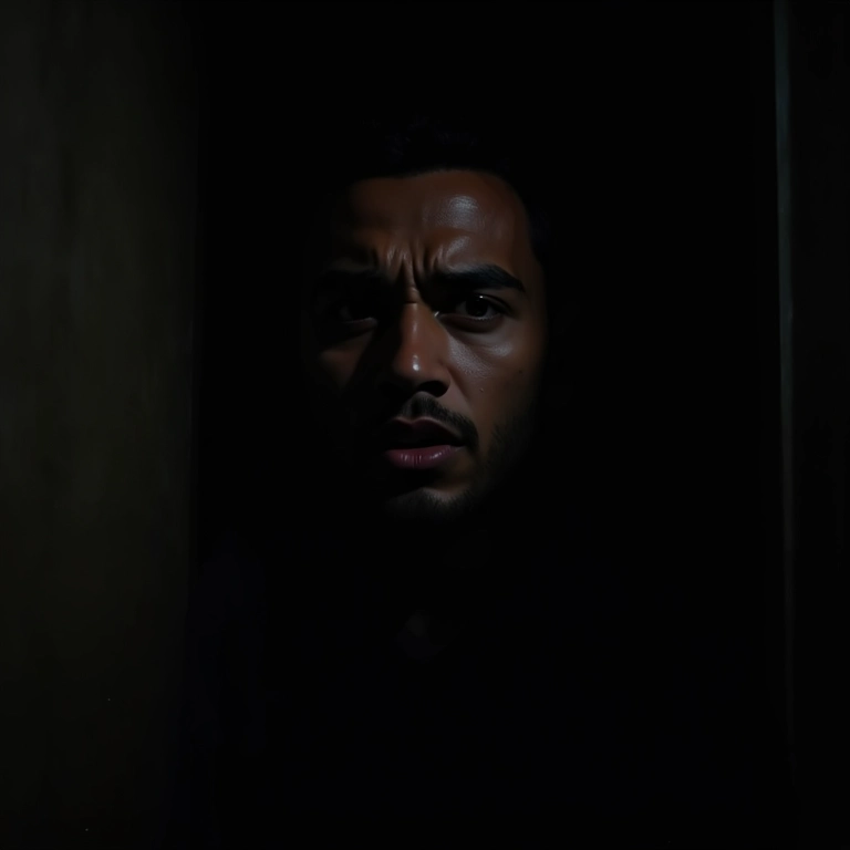 Homem acuado em um canto escuro, com expressão de medo e insegurança.