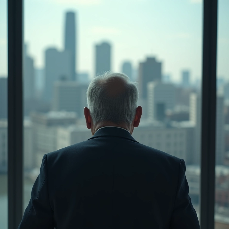 Homem ansioso olhando pela janela, simbolizando o medo de mudanças e a instabilidade.