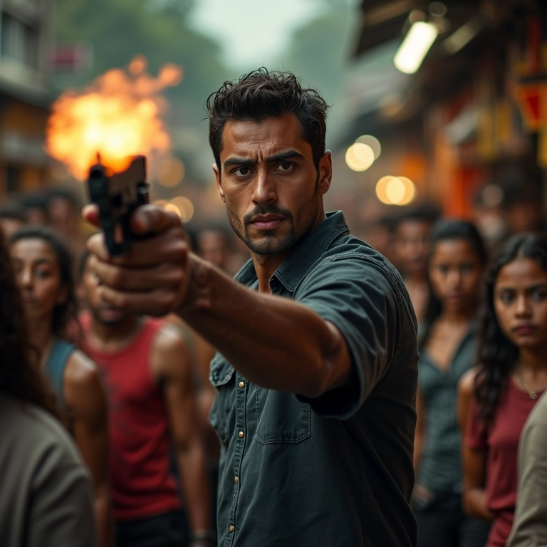 Homem atirando em mercado movimentado em um sonho.