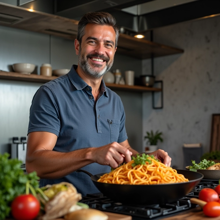 Homem de meia-idade cozinhando yakisoba sorrindo em cozinha moderna.