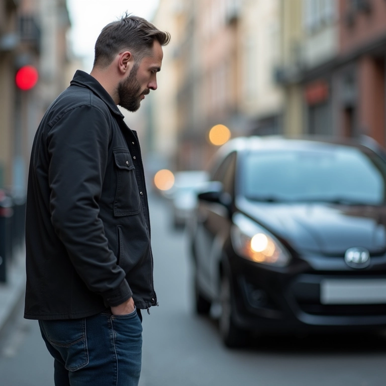 Homem desesperado vendo seu carro sendo roubado na rua.