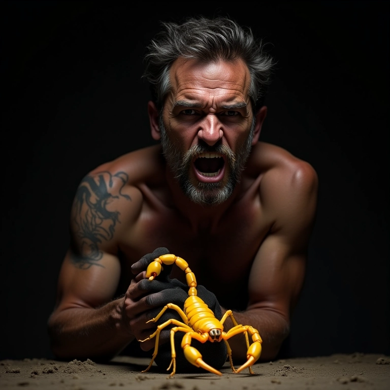 Homem esmagando escorpião amarelo, representando superação