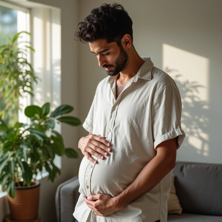Homem grávido sorrindo em casa, representando sonhos e fertilidade.