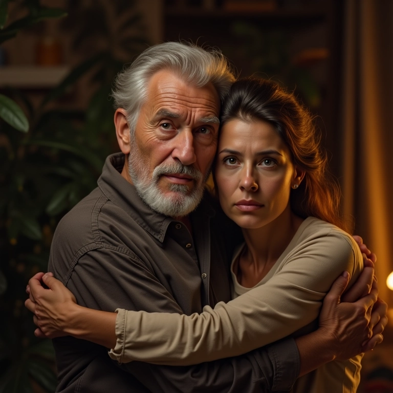 Homem idoso sonha com ente querido o abraçando com carinho.