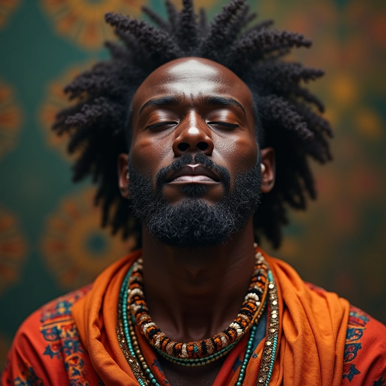 Homem negro sonhando com Xangô em trajes tradicionais.