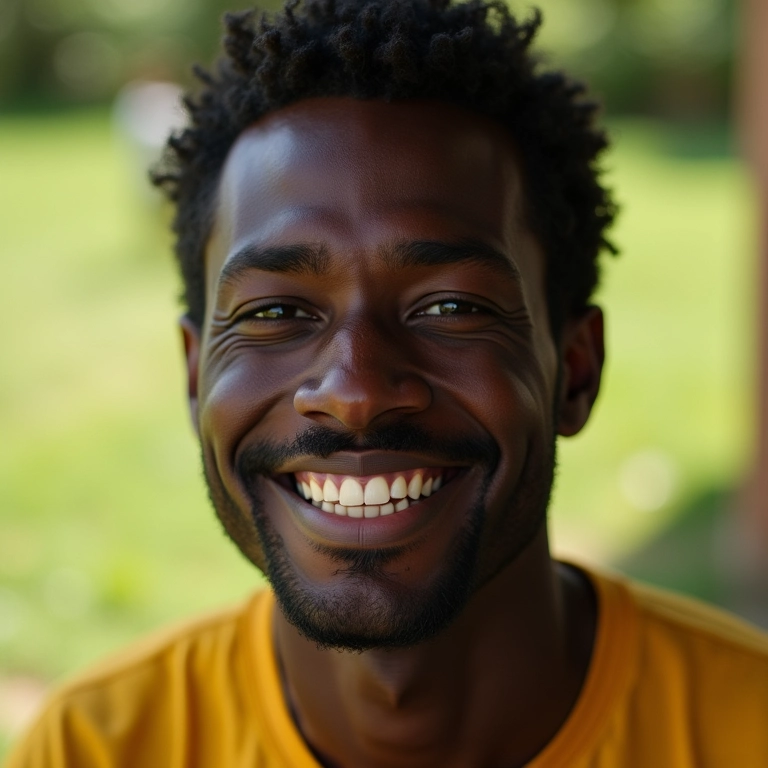 Homem negro sorrindo, representando alegria e positividade nos sonhos.
