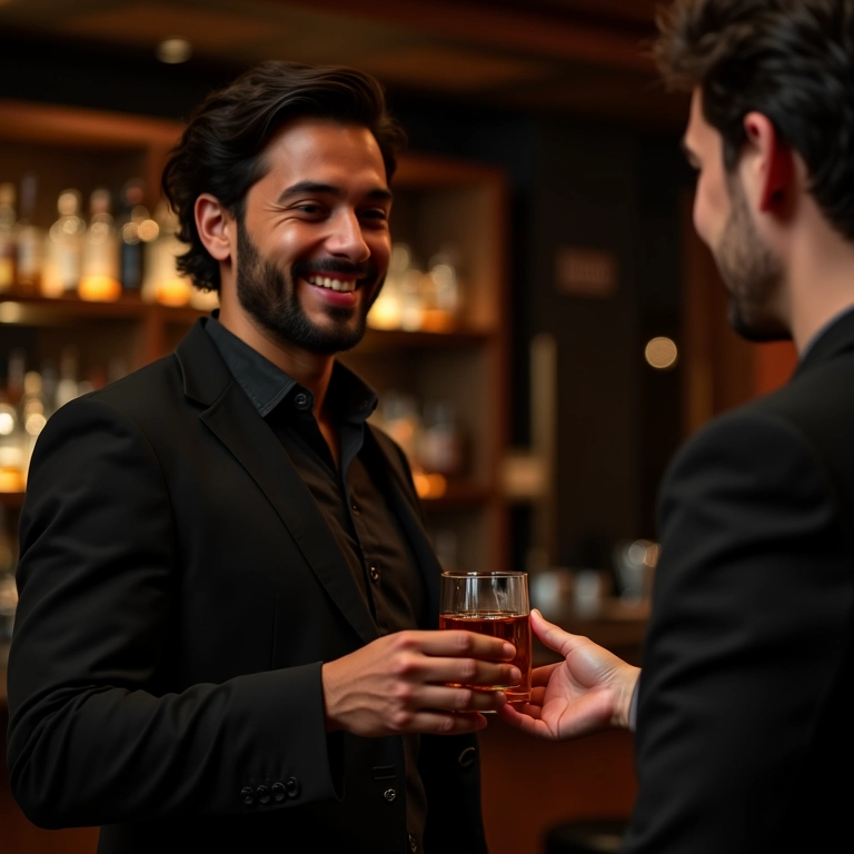 Homem oferecendo whisky em bar sofisticado