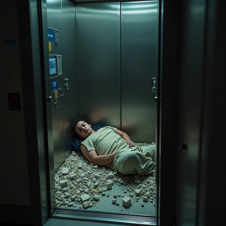 Homem pardo ferido dentro de um elevador acidentado, sendo atendido por paramédicos.