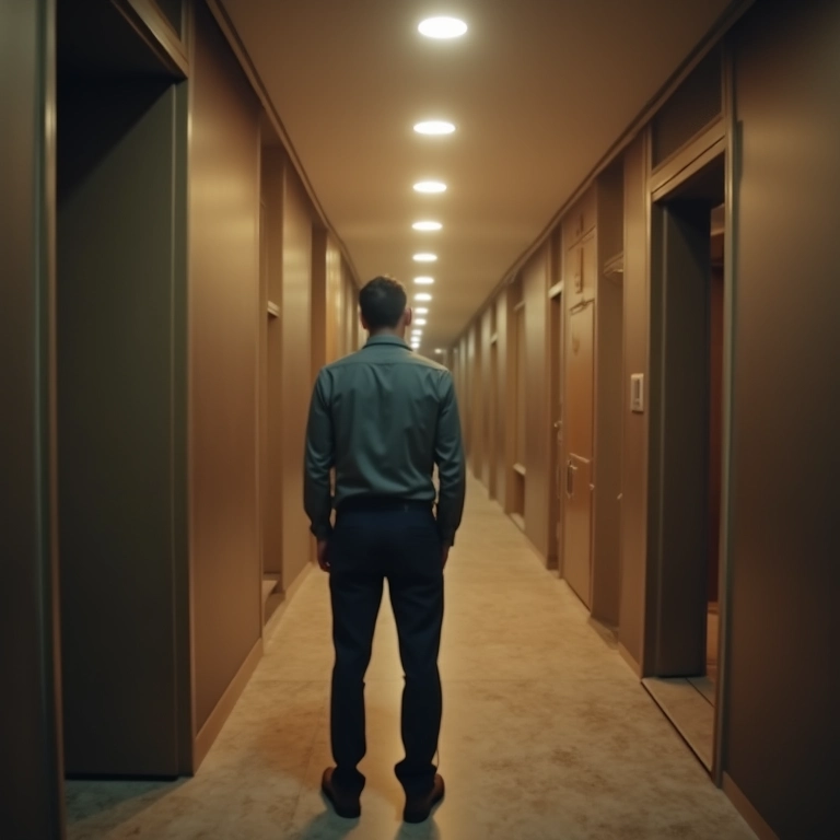 Homem perdido em corredor labiríntico de hotel, com expressão confusa.