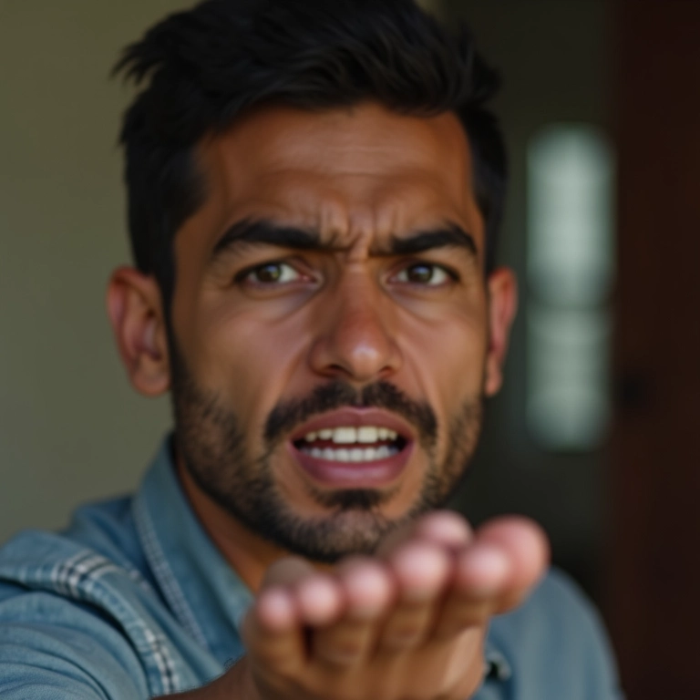 Homem preocupado olhando para a mão com marcas de mordida de cachorro.