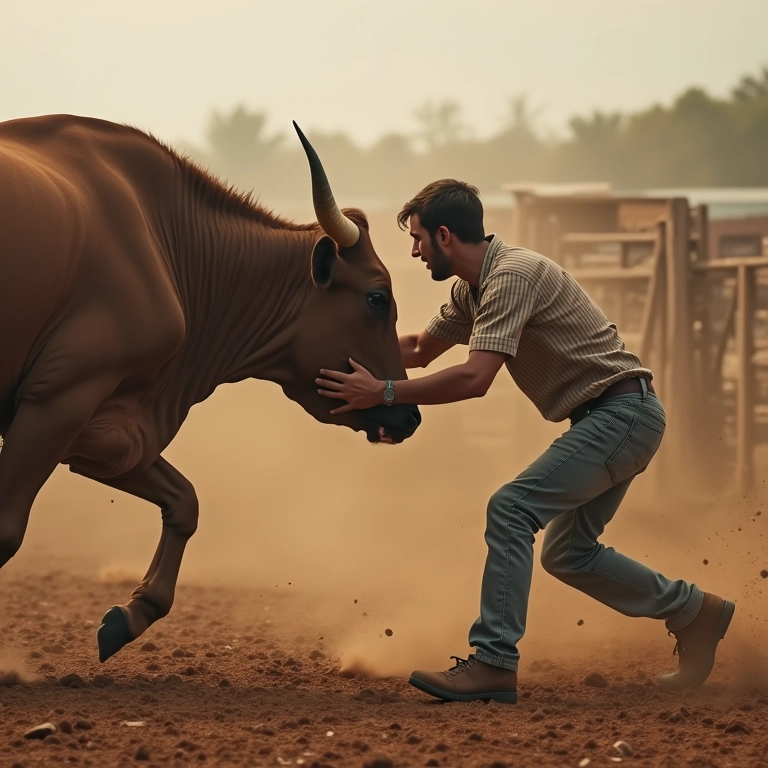 Homem sendo atacado por vaca brava em curral empoeirado.