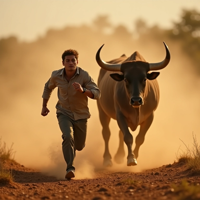 Homem sendo perseguido por um touro, representando o enfrentamento de medos.