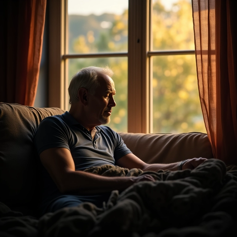 Homem sonha com o pai falecido, sentado perto de uma janela colorida.