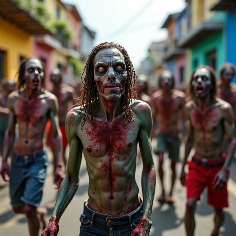 Horda de zumbis em rua brasileira colorida durante o Carnaval, confusos e deslocados.