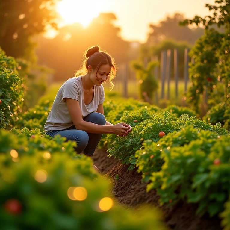 Horta exuberante sob a luz do sol, simbolizando prosperidade e fartura.