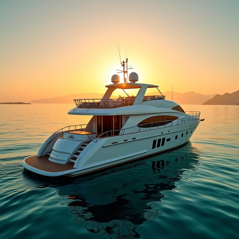 Iate de luxo navegando em mar calmo ao pôr do sol.