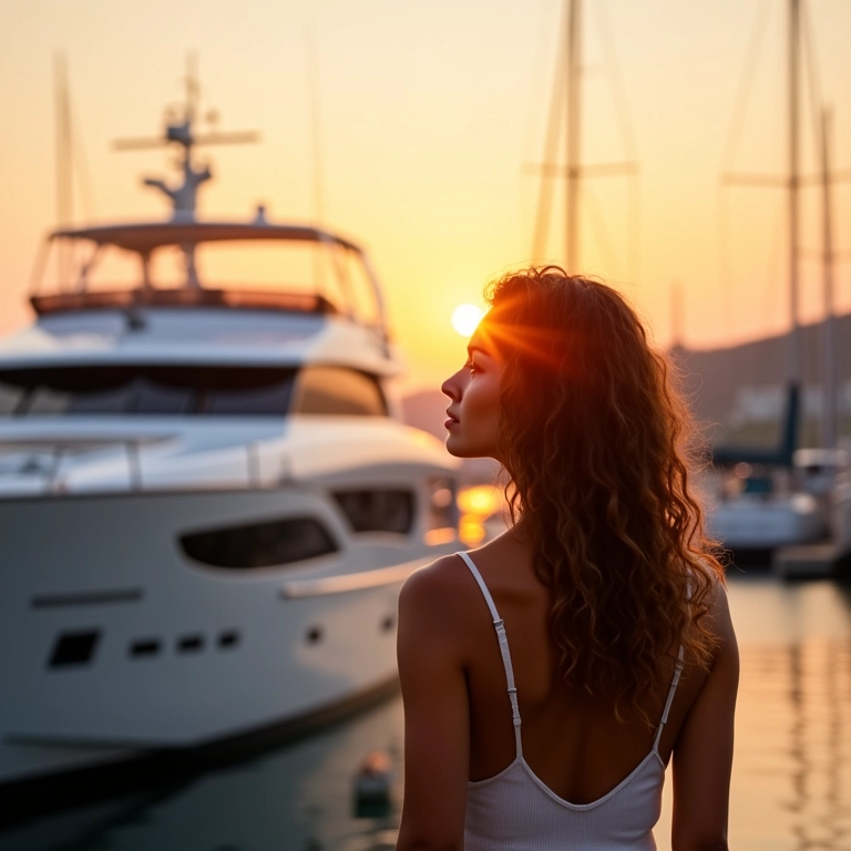 Iate parado em marina, mulher contemplando o horizonte.