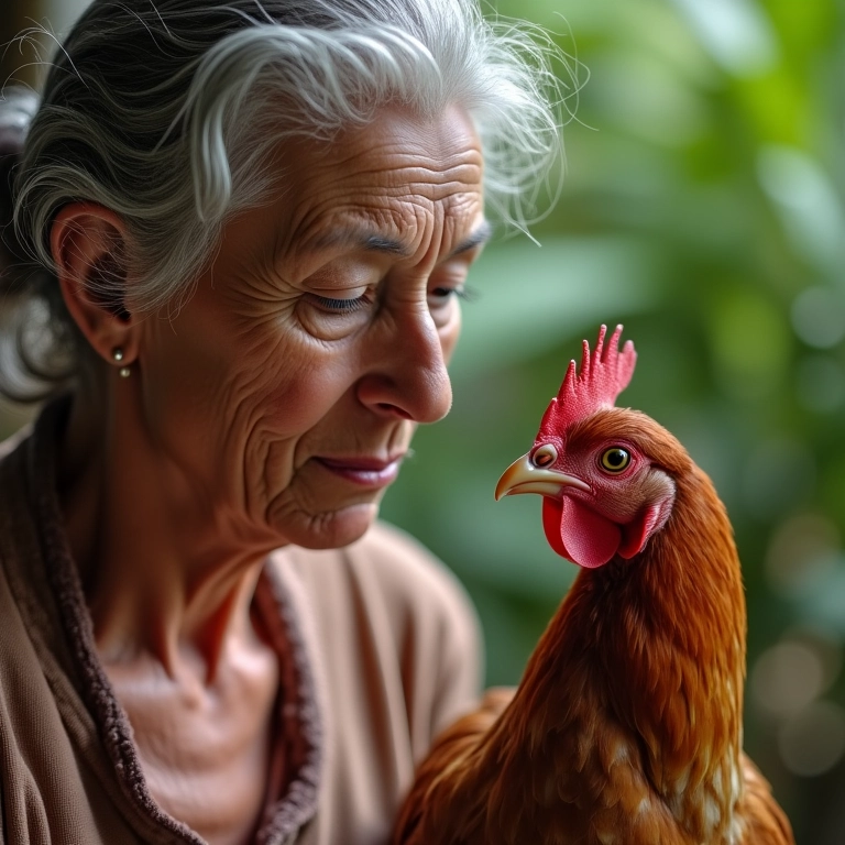 Idosa brasileira olhando tristemente para galinha morta, simbolizando medo da perda.