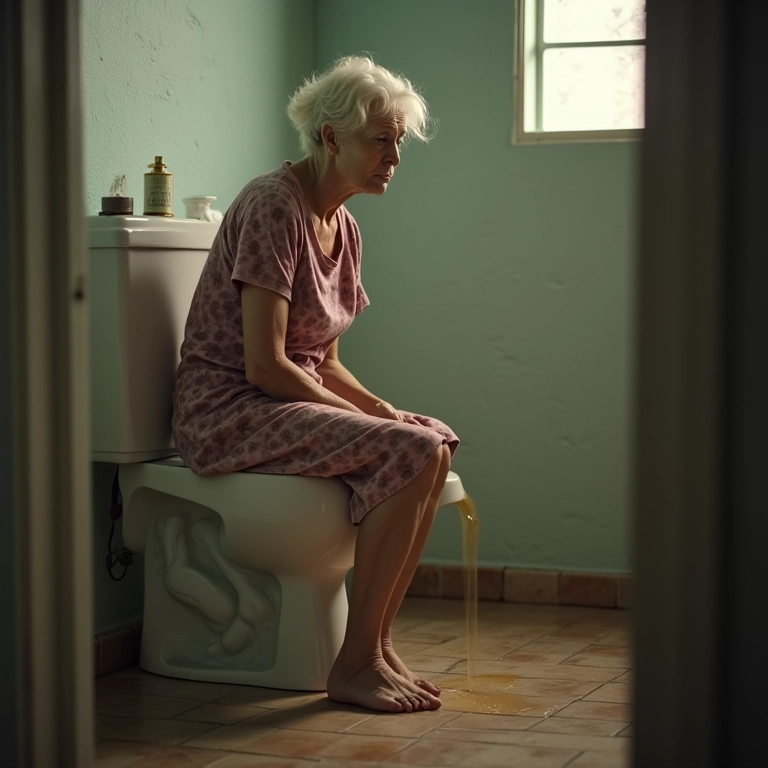 Idosa sonhando com muito xixi e um vaso sanitário transbordando.