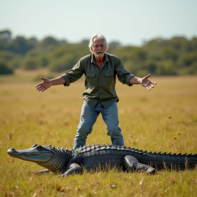 Idoso brasileiro triunfante sobre jacaré morto.
